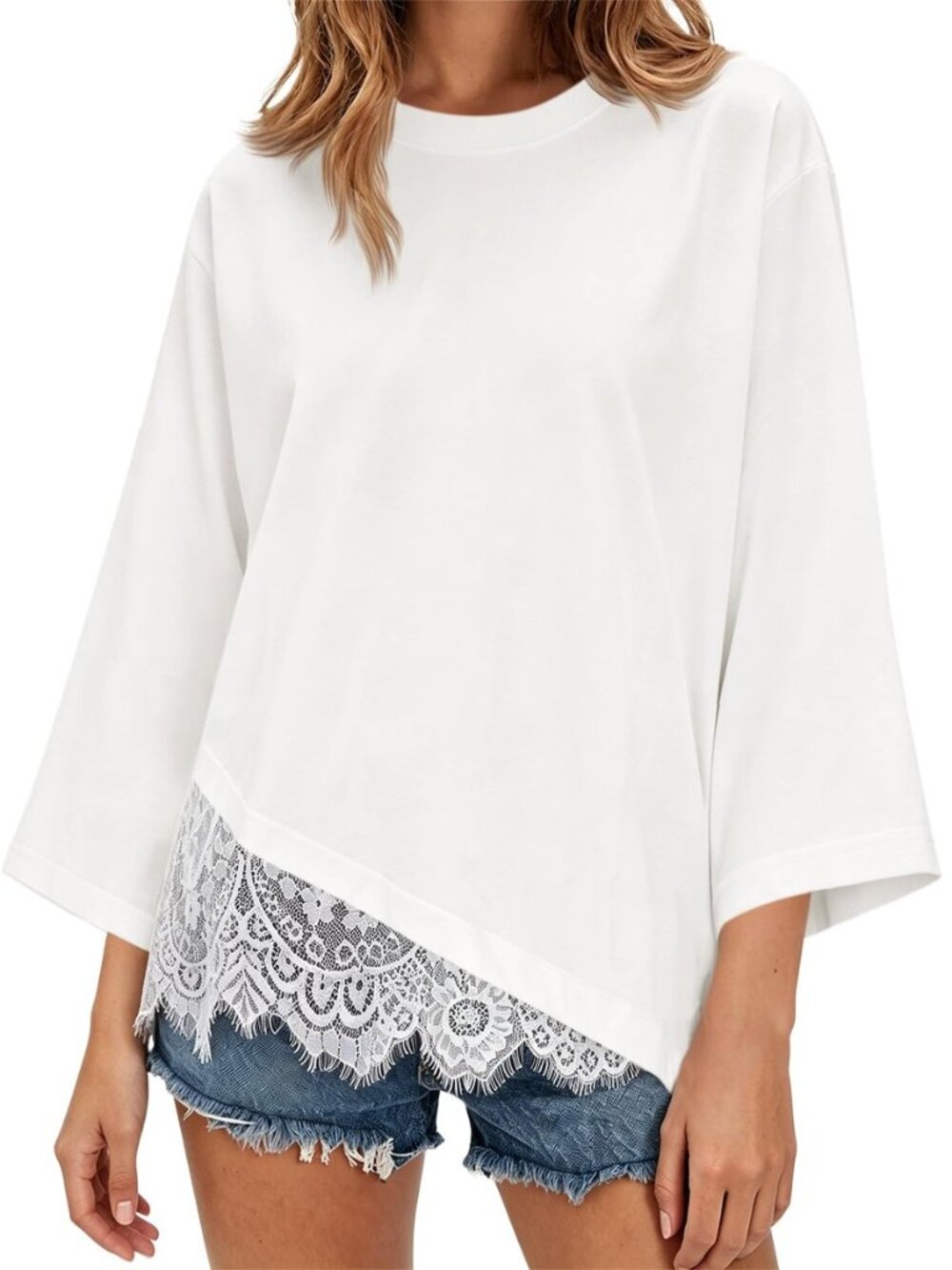 Womens Oversized 3/4 Sleeve T-Shirts Lace Trim Dressy Casual Tops